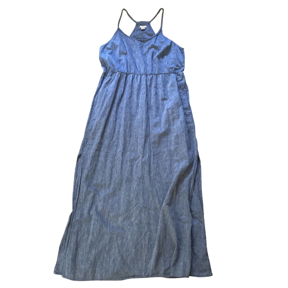 J.Crew Blue Chambray Maxi Dress Braided Straps Racerback Pockets Slits L